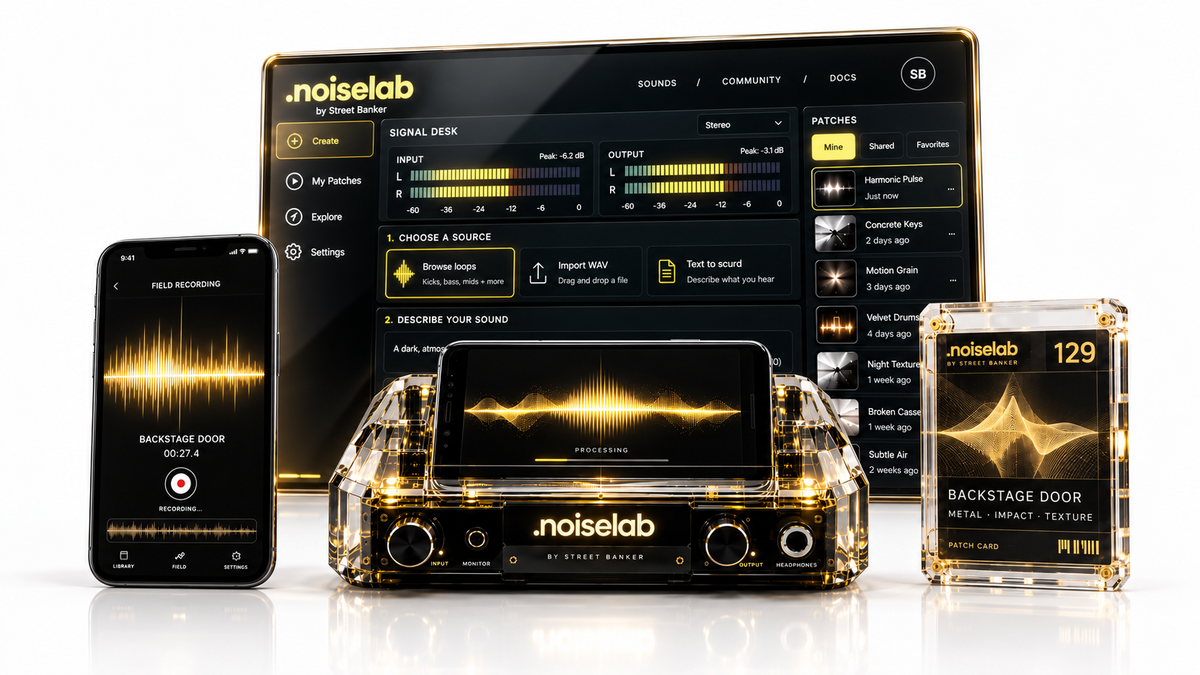 Noise Lab concept artwork with its software interface behind a phone, transparent gold audio unit and patch card on white.