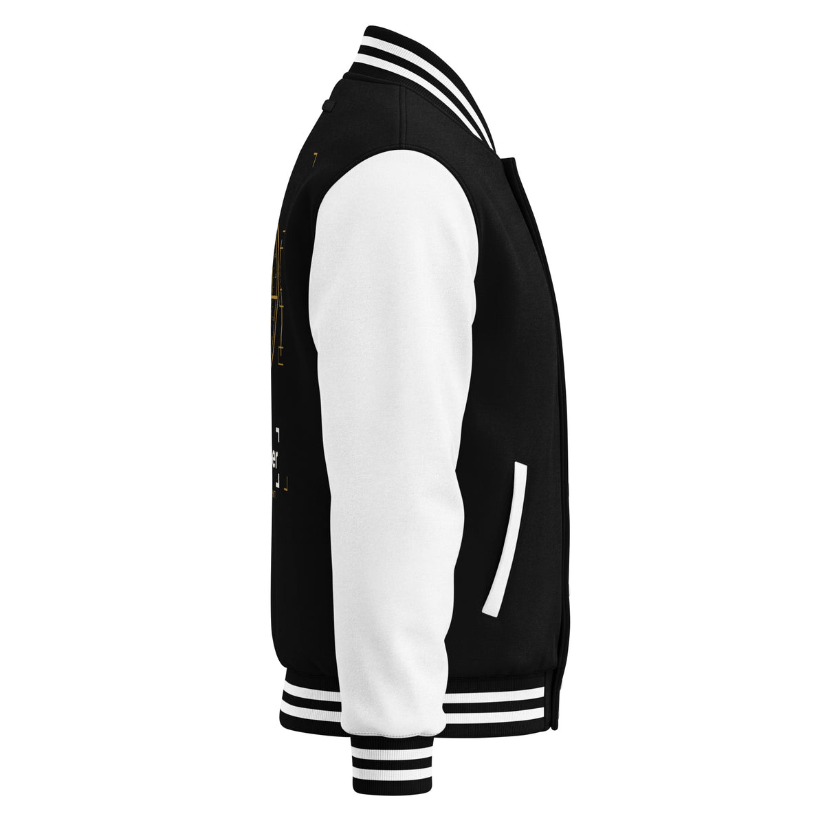 Street Banker Heavyweight Letterman Jacket in jet black and arctic white, right-side view