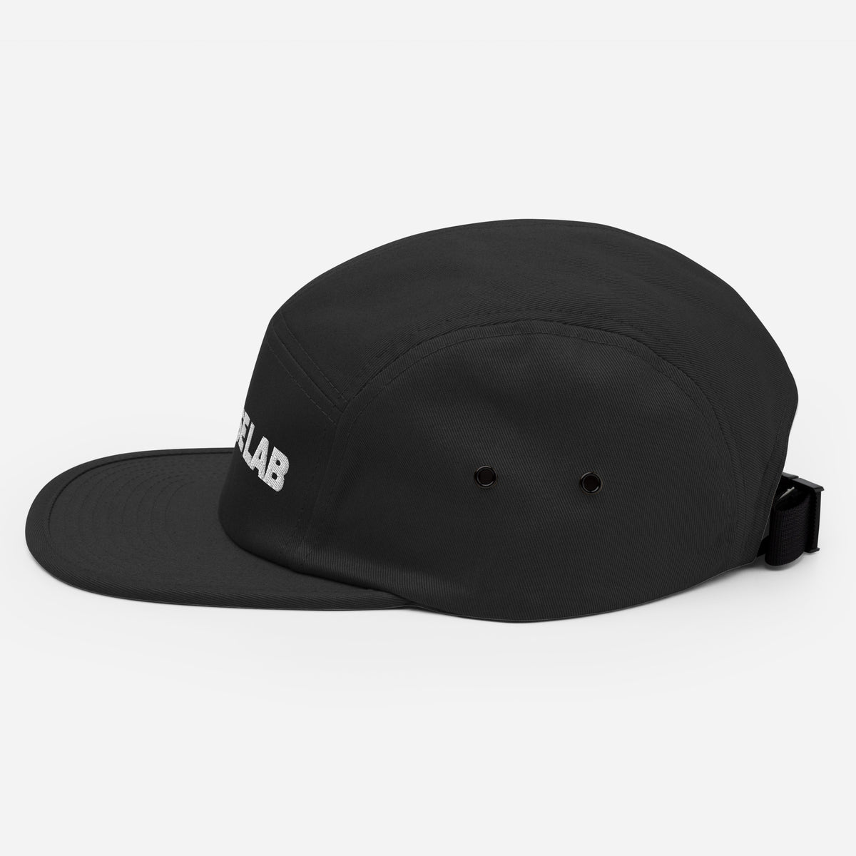 Noise Lab Five-Panel Cap in black, left-side view