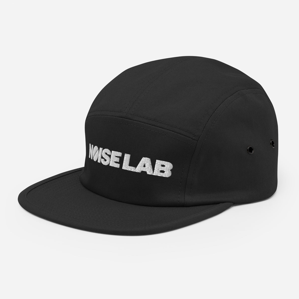 Noise Lab Five-Panel Cap in black, left-front angle