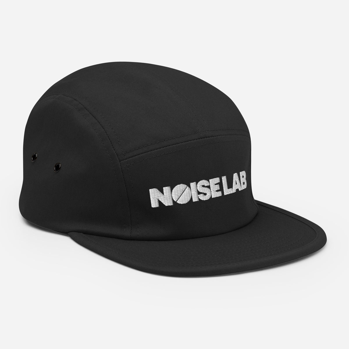 Noise Lab Five-Panel Cap in black, right-front angle