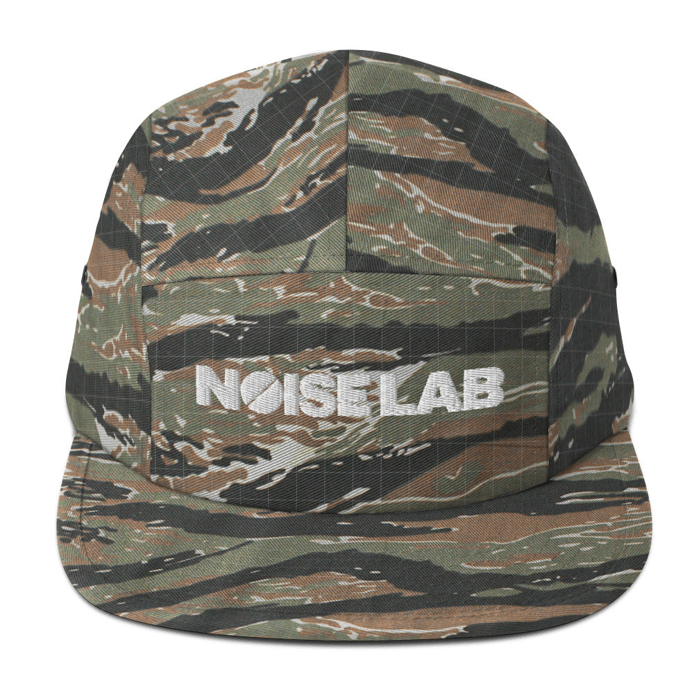 Noise Lab Five-Panel Cap in green tiger camo, front view