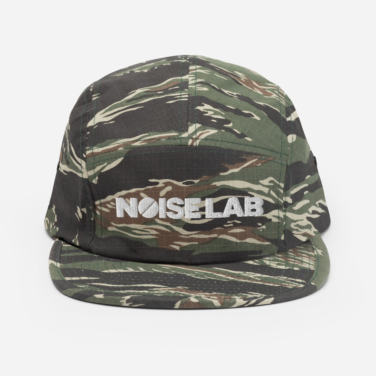 Noise Lab Five-Panel Cap in green tiger camo, front view