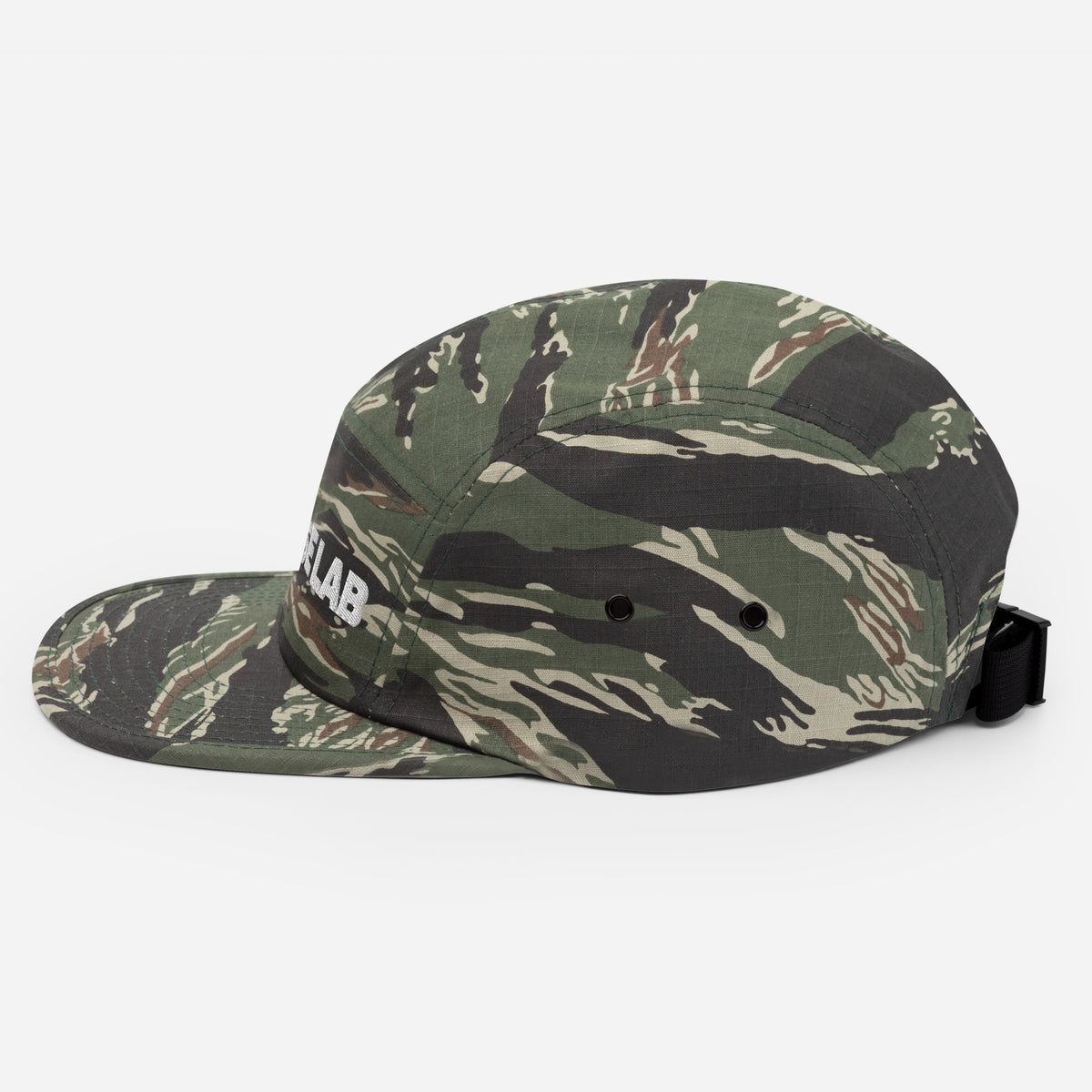 Noise Lab Five-Panel Cap in green tiger camo, left-side view