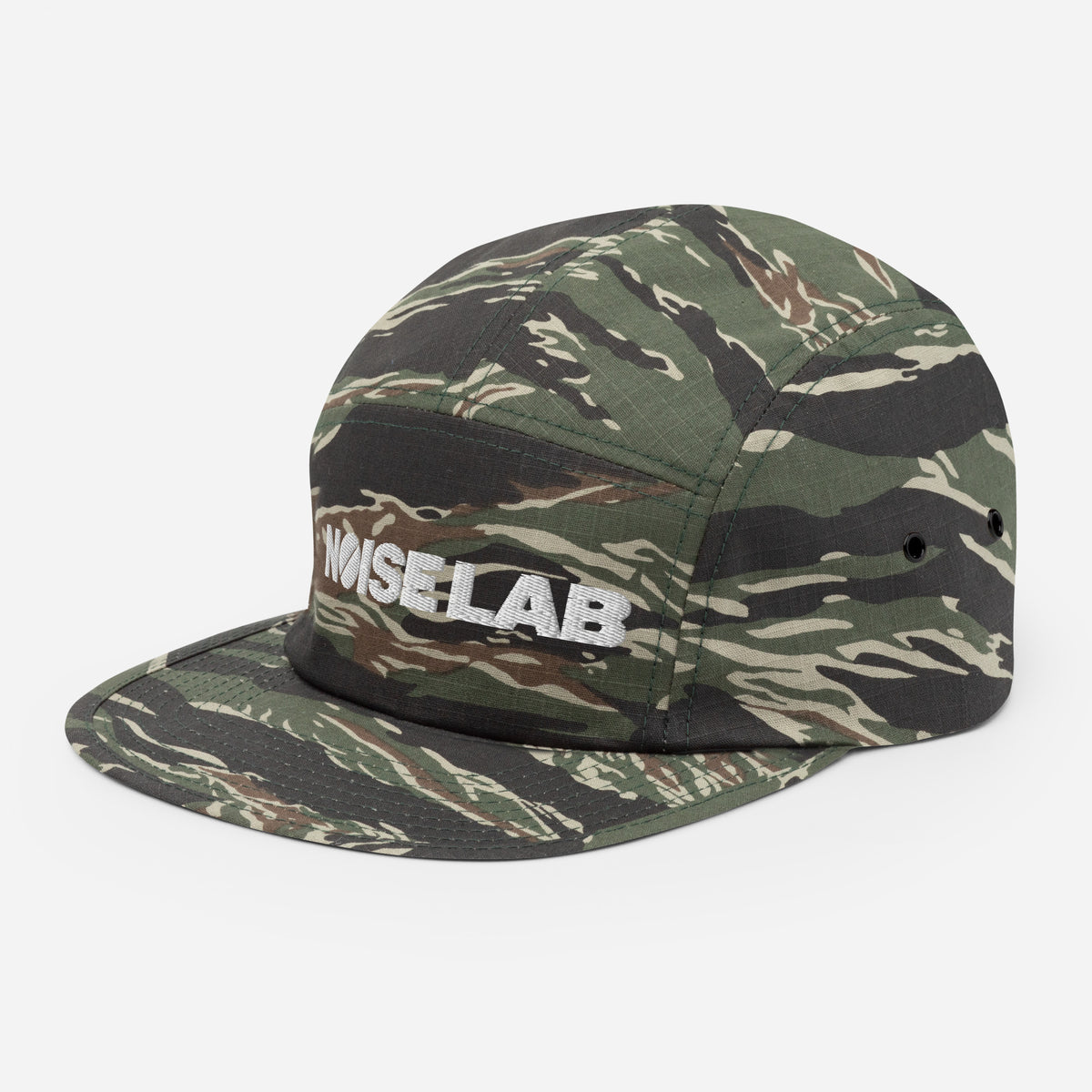 Noise Lab Five-Panel Cap in green tiger camo, left-front angle