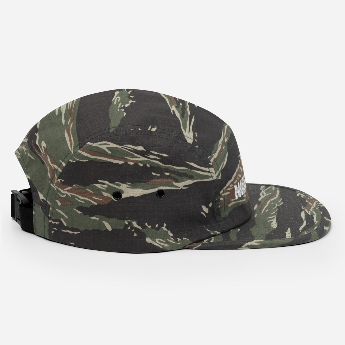 Noise Lab Five-Panel Cap in green tiger camo, right-side view