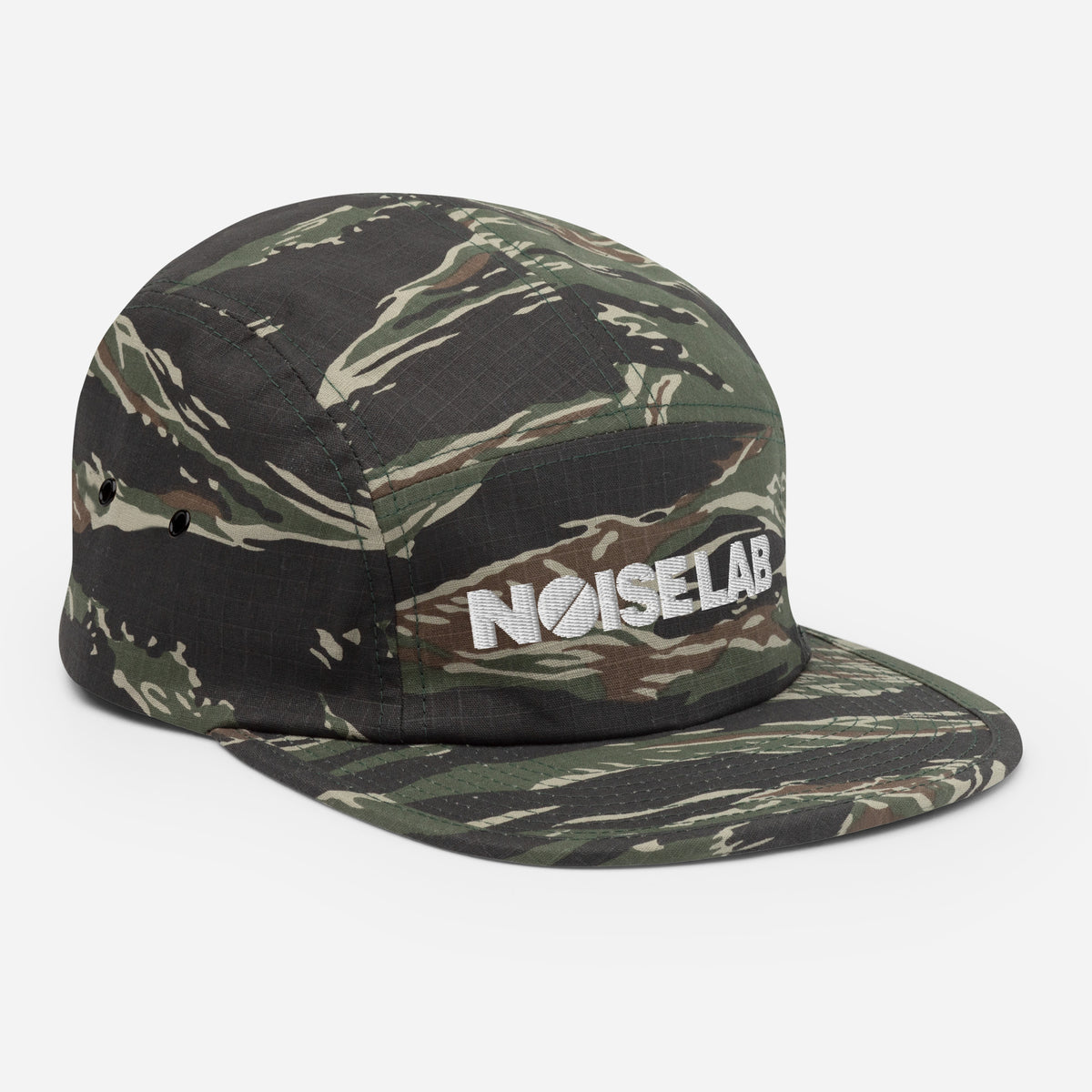 Noise Lab Five-Panel Cap in green tiger camo, right-front angle