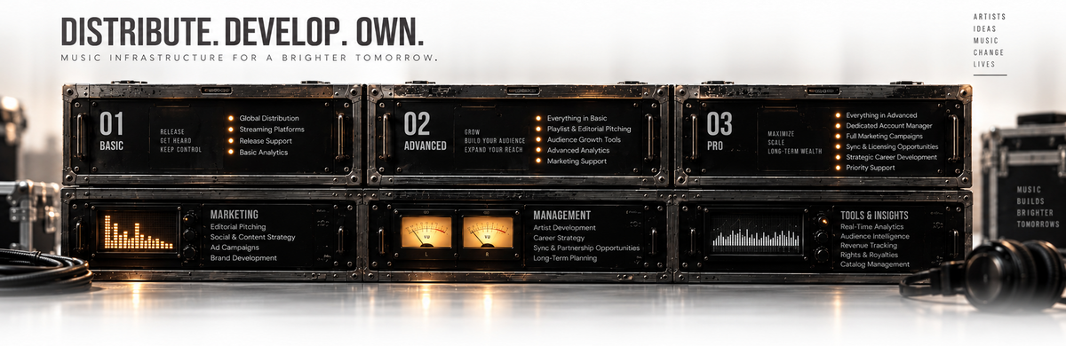 A row of dark software dashboard or control panel modules labeled 01 Basic, 02 Advanced, and 03 PB, with glowing interface graphics and the headline 'DISTRIBUTE. DEVELOP.