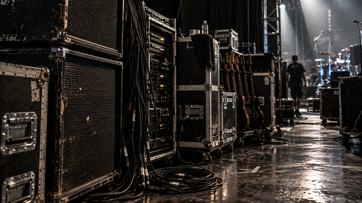 Backline and equipment prepared for a live music production.