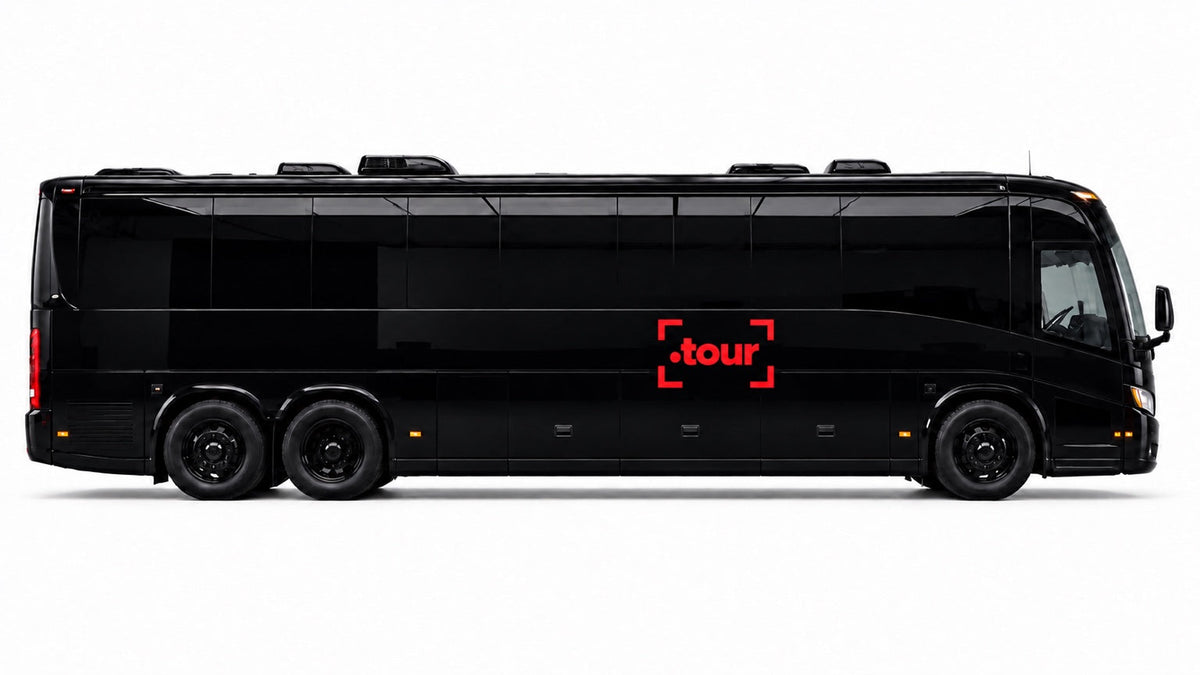 Side profile of a black tour bus with the red Tour logo on a white background.