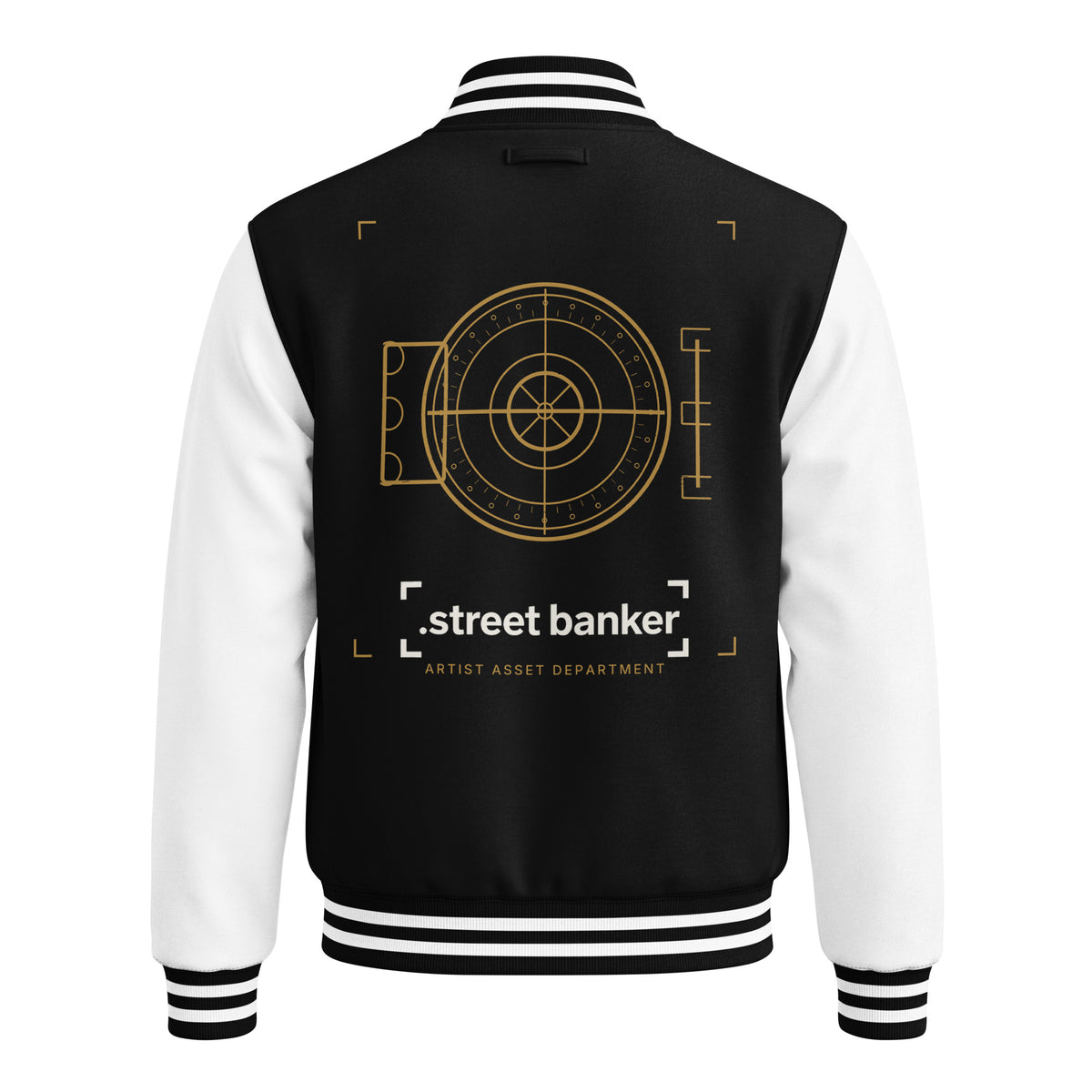 Street Banker Heavyweight Letterman Jacket in jet black and arctic white, back view