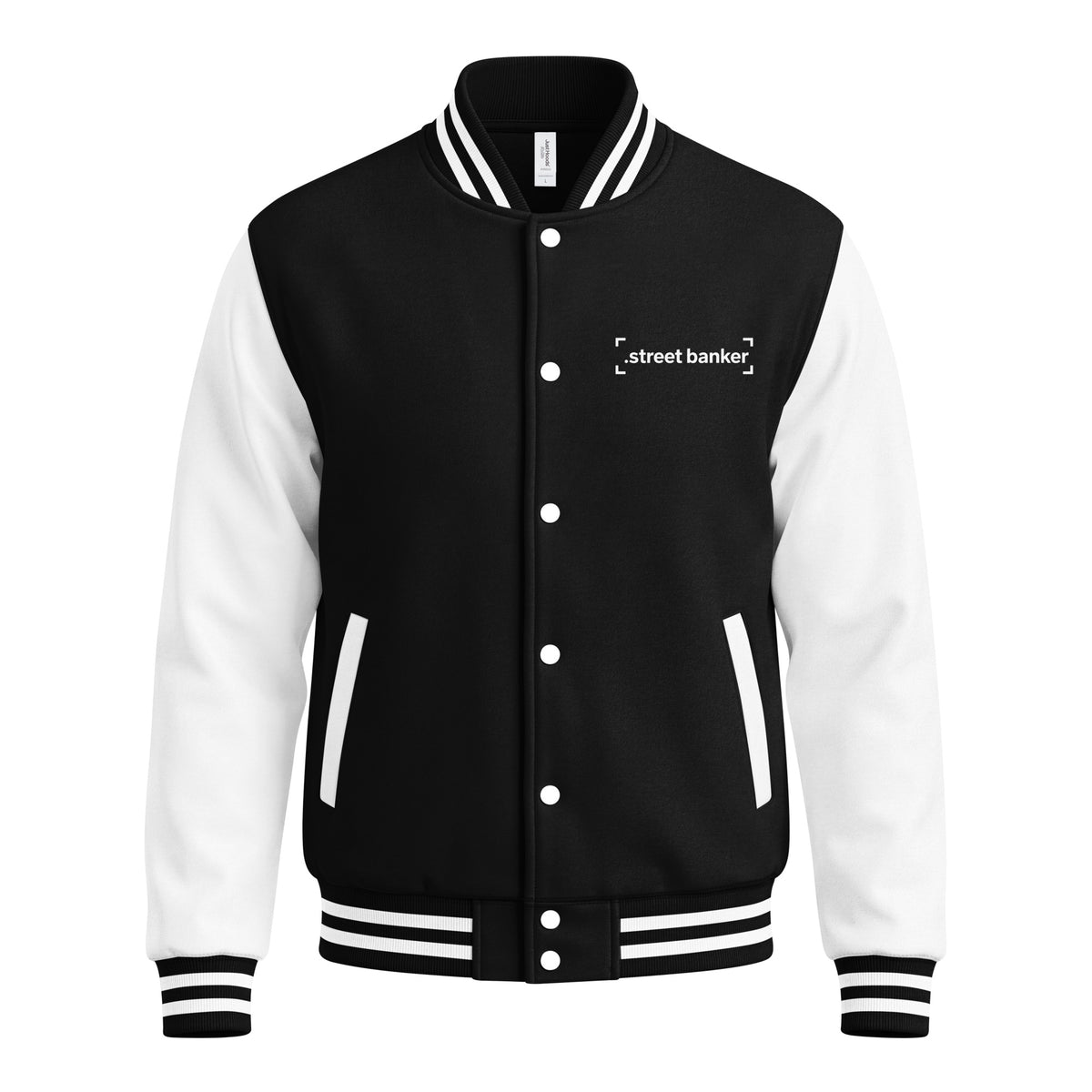 Street Banker Heavyweight Letterman Jacket in jet black and arctic white, front view