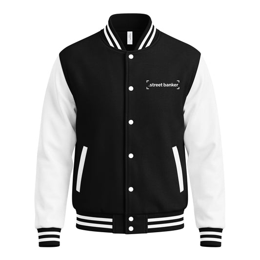 Street Banker Heavyweight Letterman Jacket in jet black and arctic white, front view