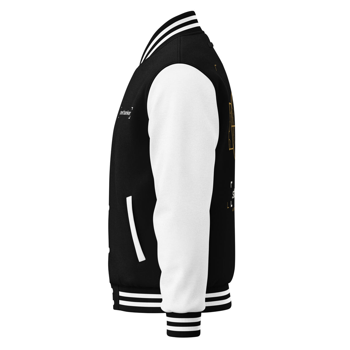 Street Banker Heavyweight Letterman Jacket in jet black and arctic white, left-side view
